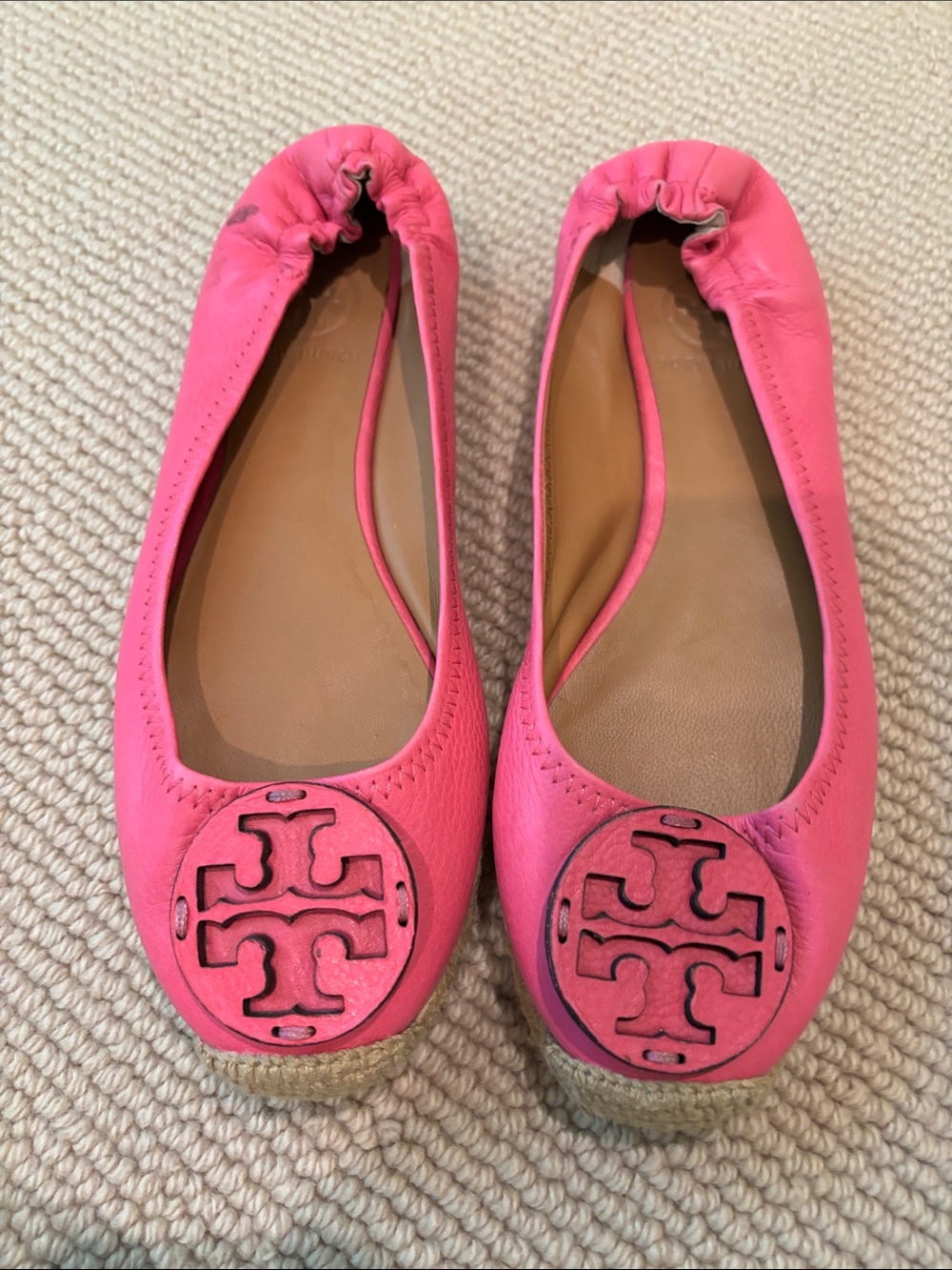 Tory Burch Coral Pink Leather Logo espadrille Ballet Flats
